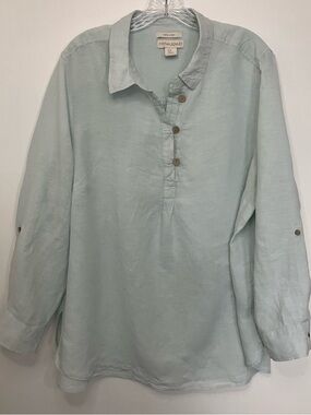 Cynthia Rowley 100% Linen Top 2X Light Blue Beachy Coastal Collared Roll Tab Sle